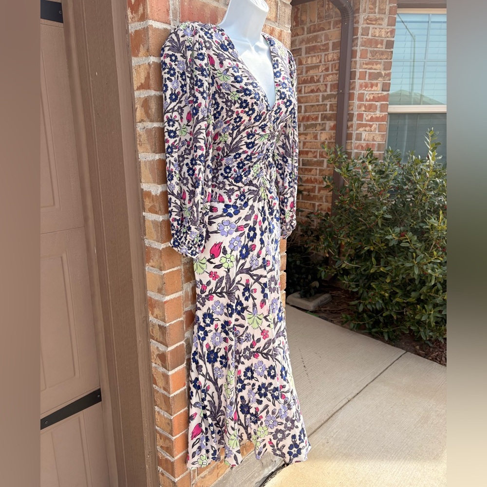 MARIA CHER RUCHED LONG SLEEVE MIDI DRESS FLORAL PRINT SIZE XS - Picture 6 of 9